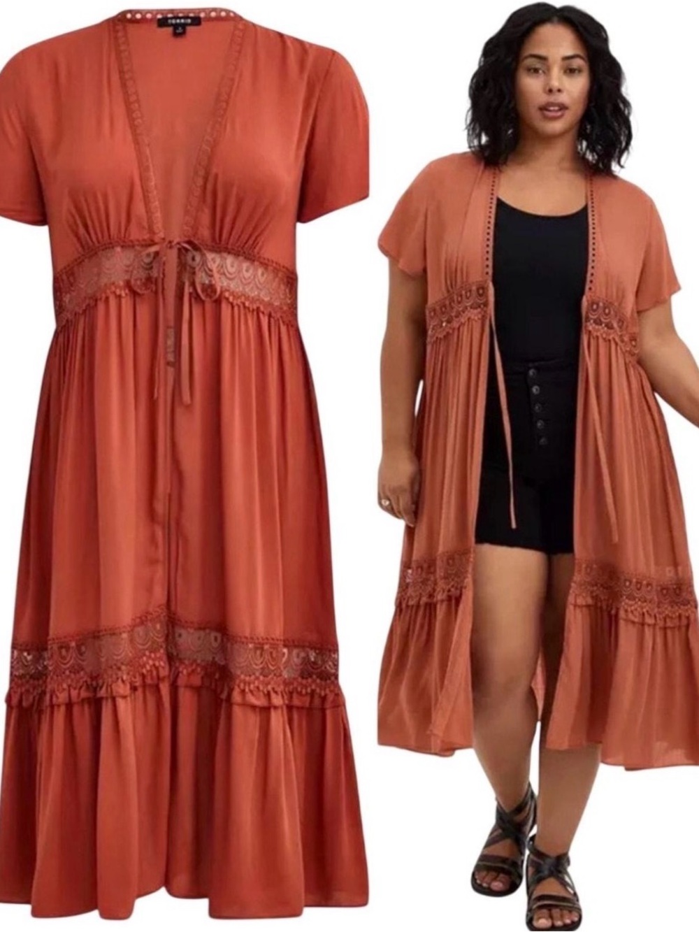 Women’s Boho Lace-Trim Maxi Kimono in Rust